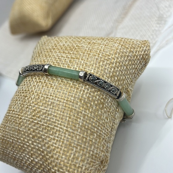 20th Century 925 Sterling Silver Jadeite & Marcasite Link Bracelet - Picture 7 of 9